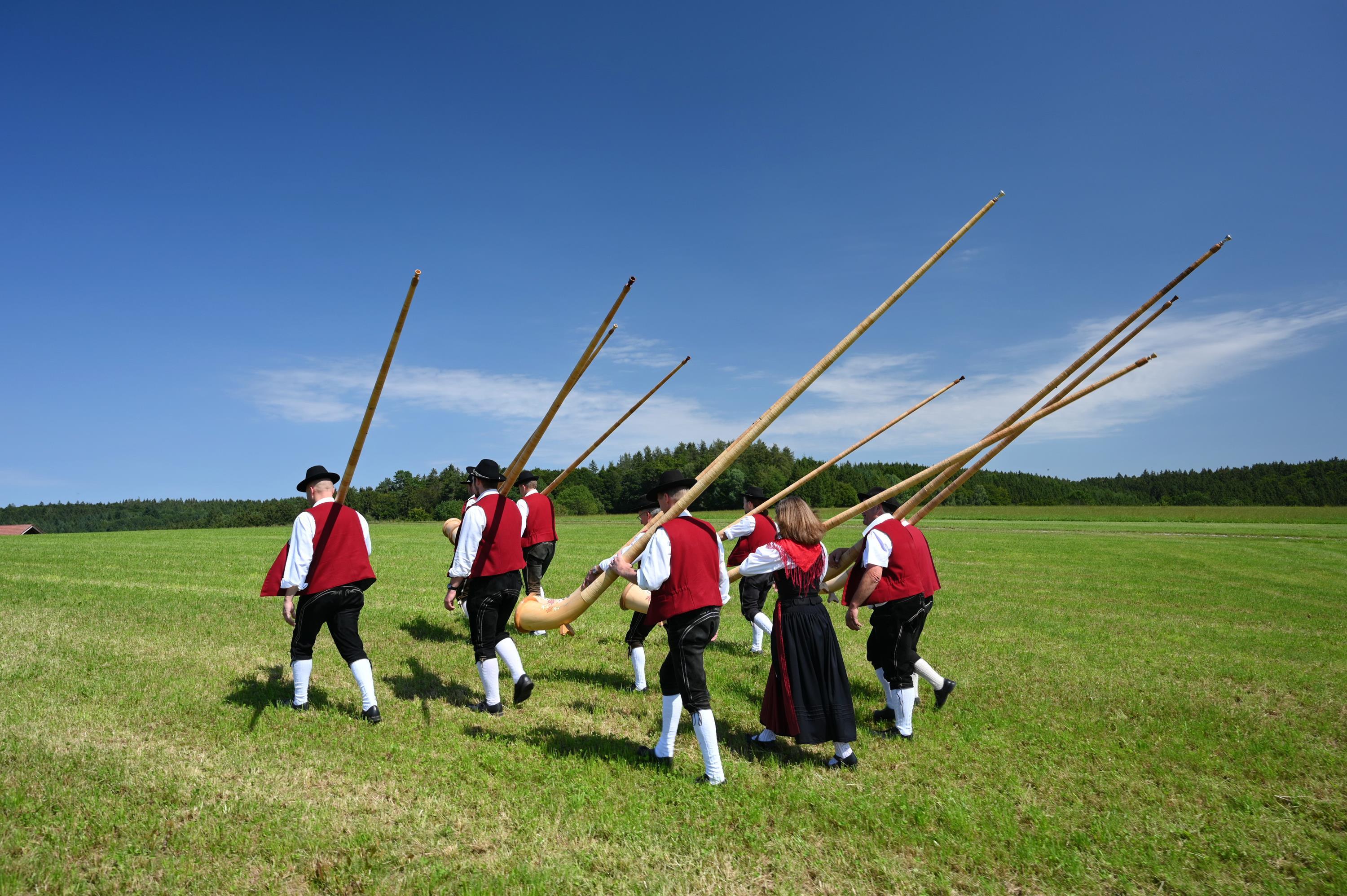 Musiker in Tracht laufen und tragen Alphörner